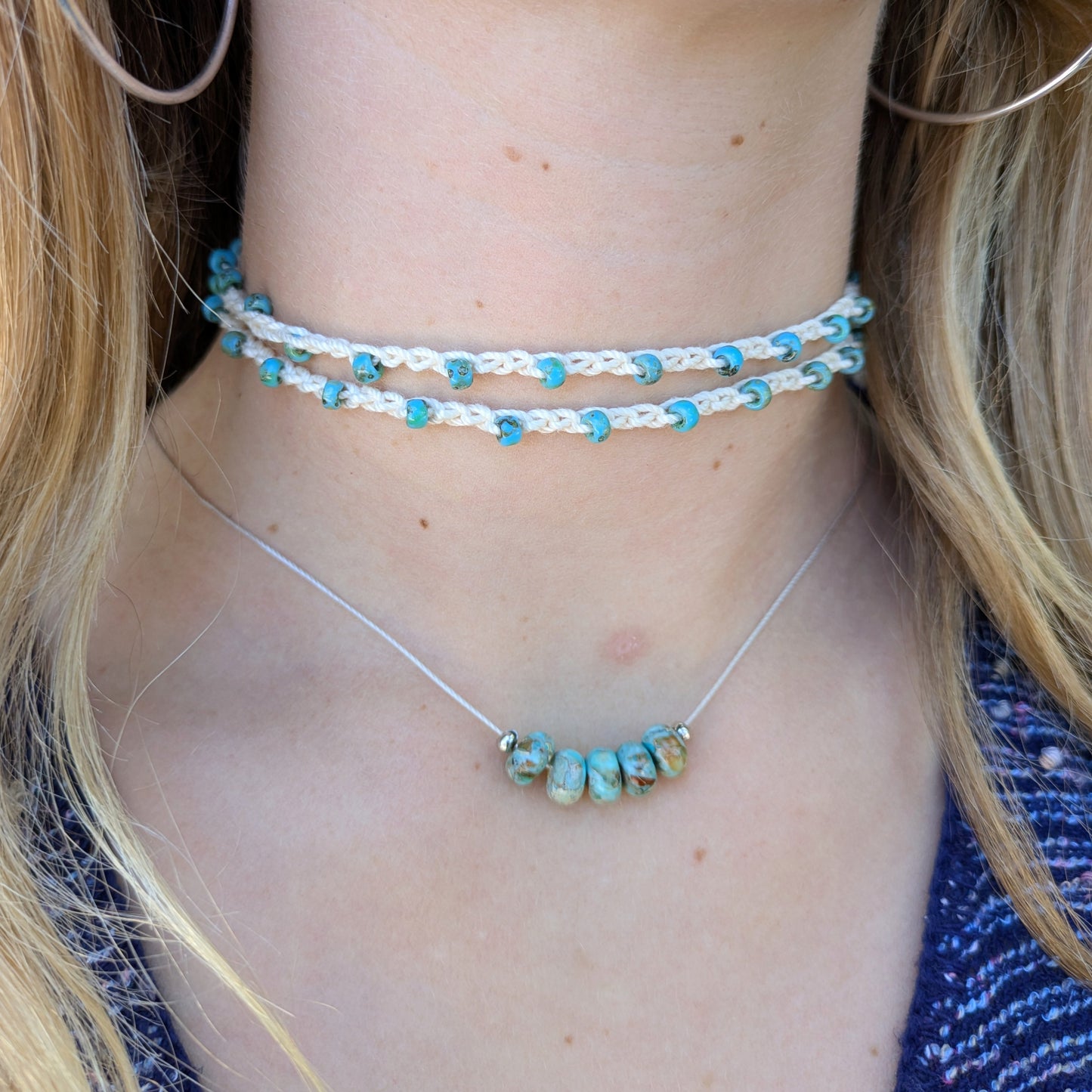 Organic Cotton and Turquoise Bead Intention Wrap Choker Bracelet Anklet