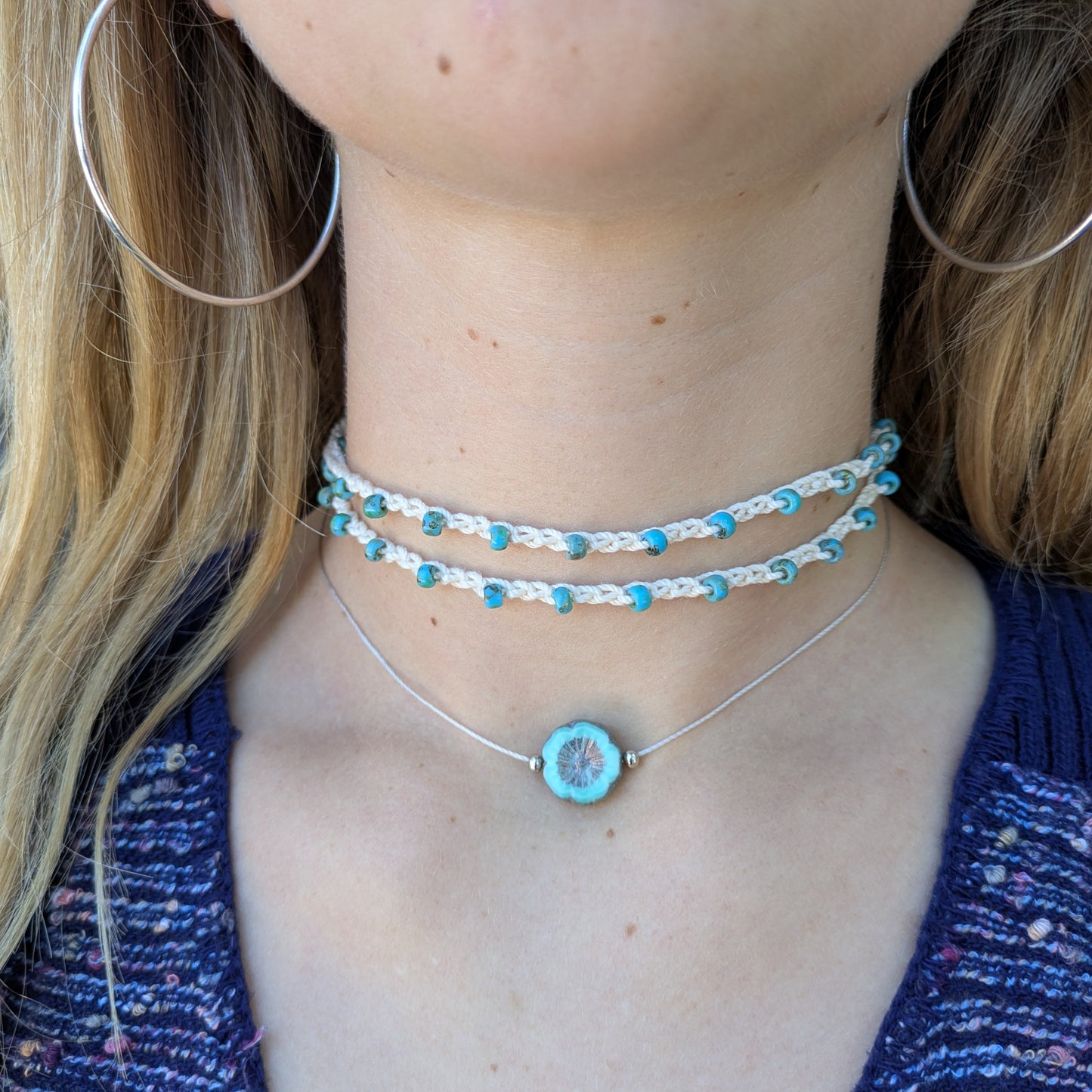 Organic Cotton and Turquoise Bead Intention Wrap Choker Bracelet Anklet