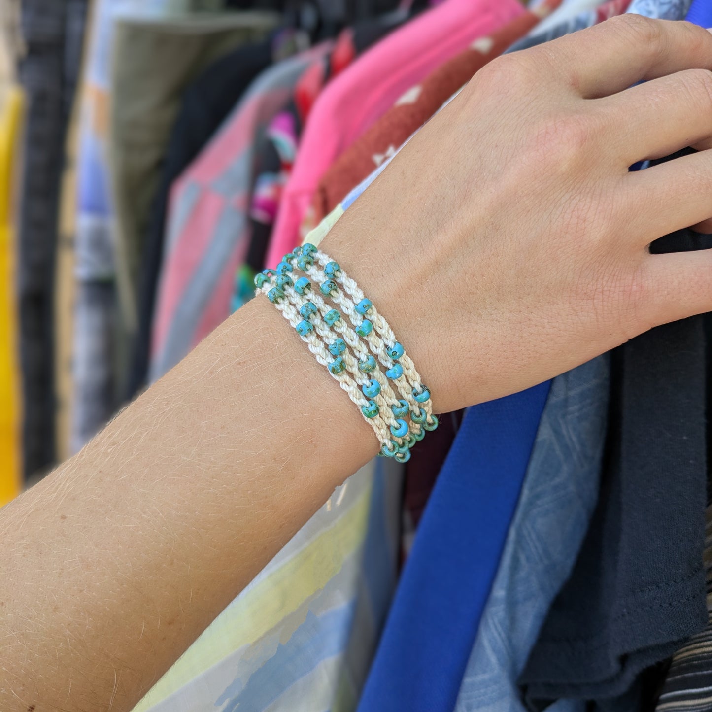 Organic Cotton and Turquoise Bead Intention Wrap Choker Bracelet Anklet