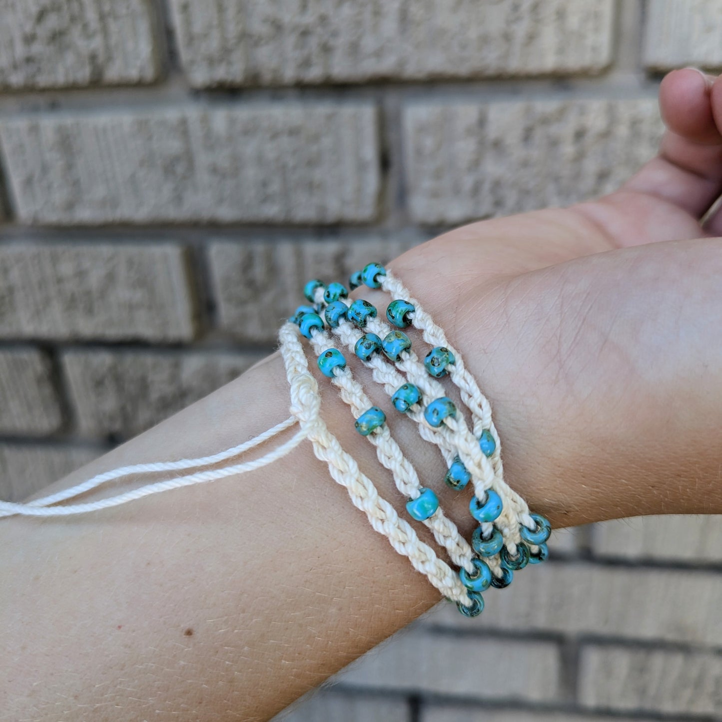 Organic Cotton and Turquoise Bead Intention Wrap Choker Bracelet Anklet