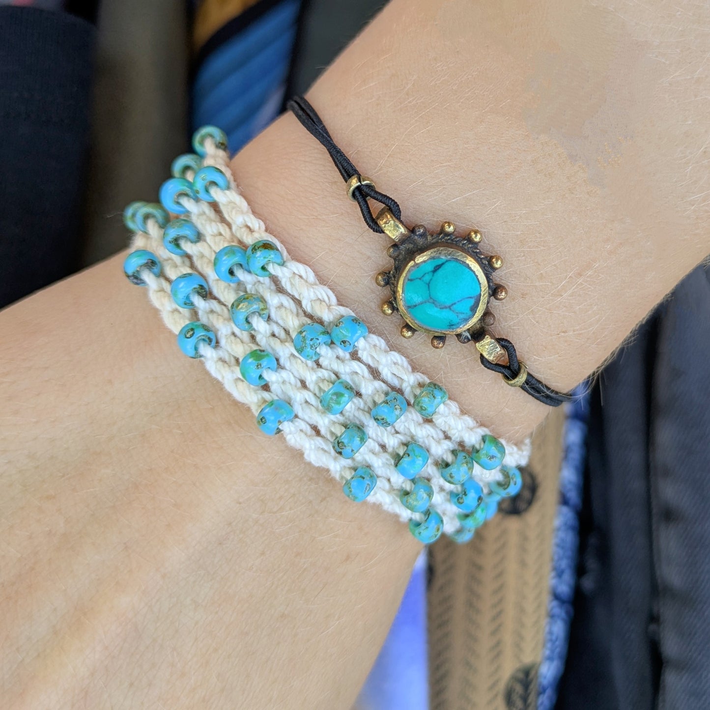 Organic Cotton and Turquoise Bead Intention Wrap Choker Bracelet Anklet