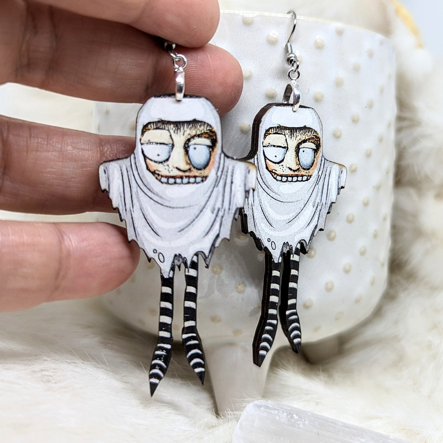 Ghost Ghoul Wood Earrings Single Sided