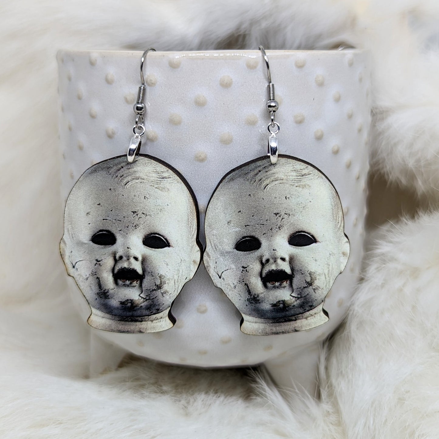 Doll Head Wood Earrings Single Side