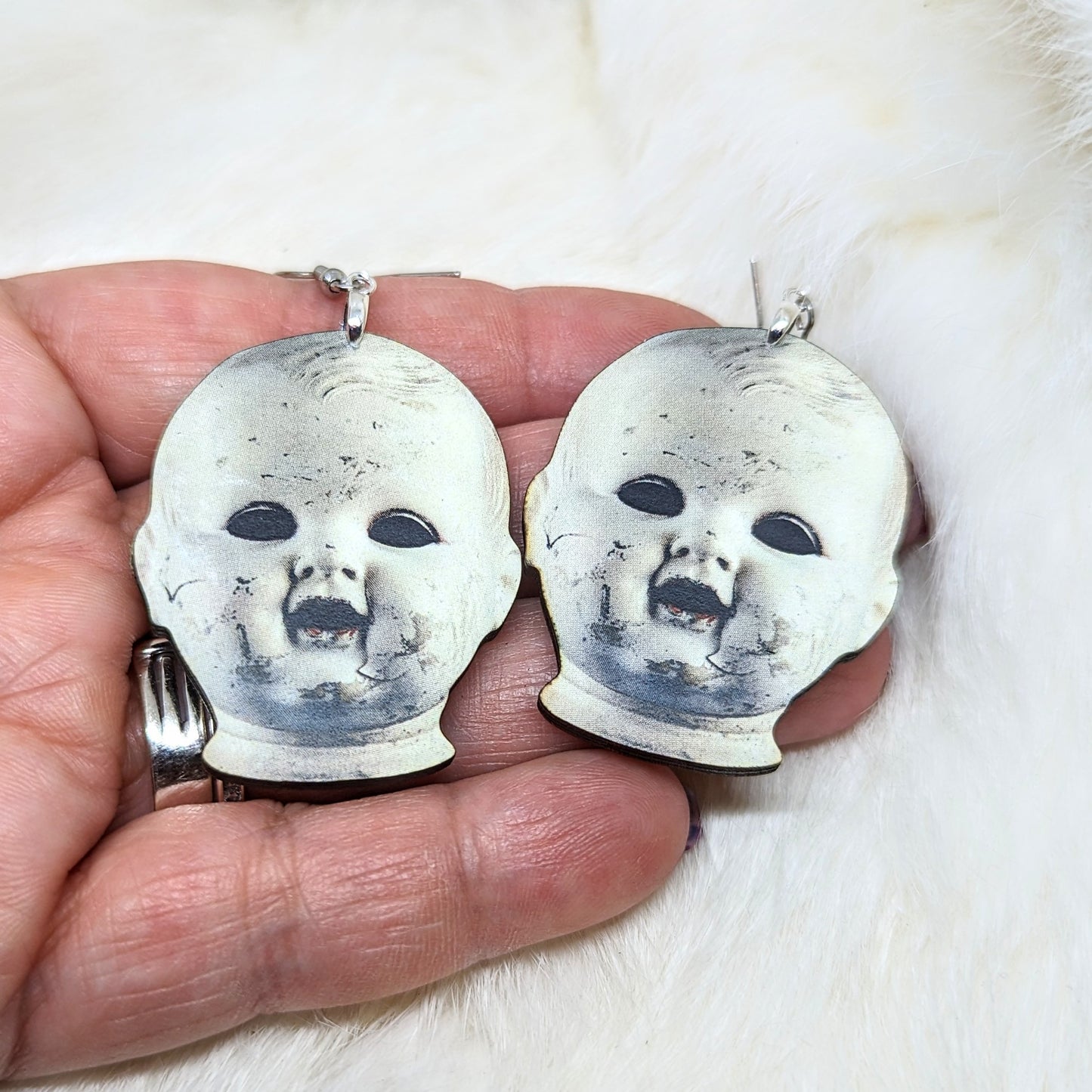 Doll Head Wood Earrings Single Side