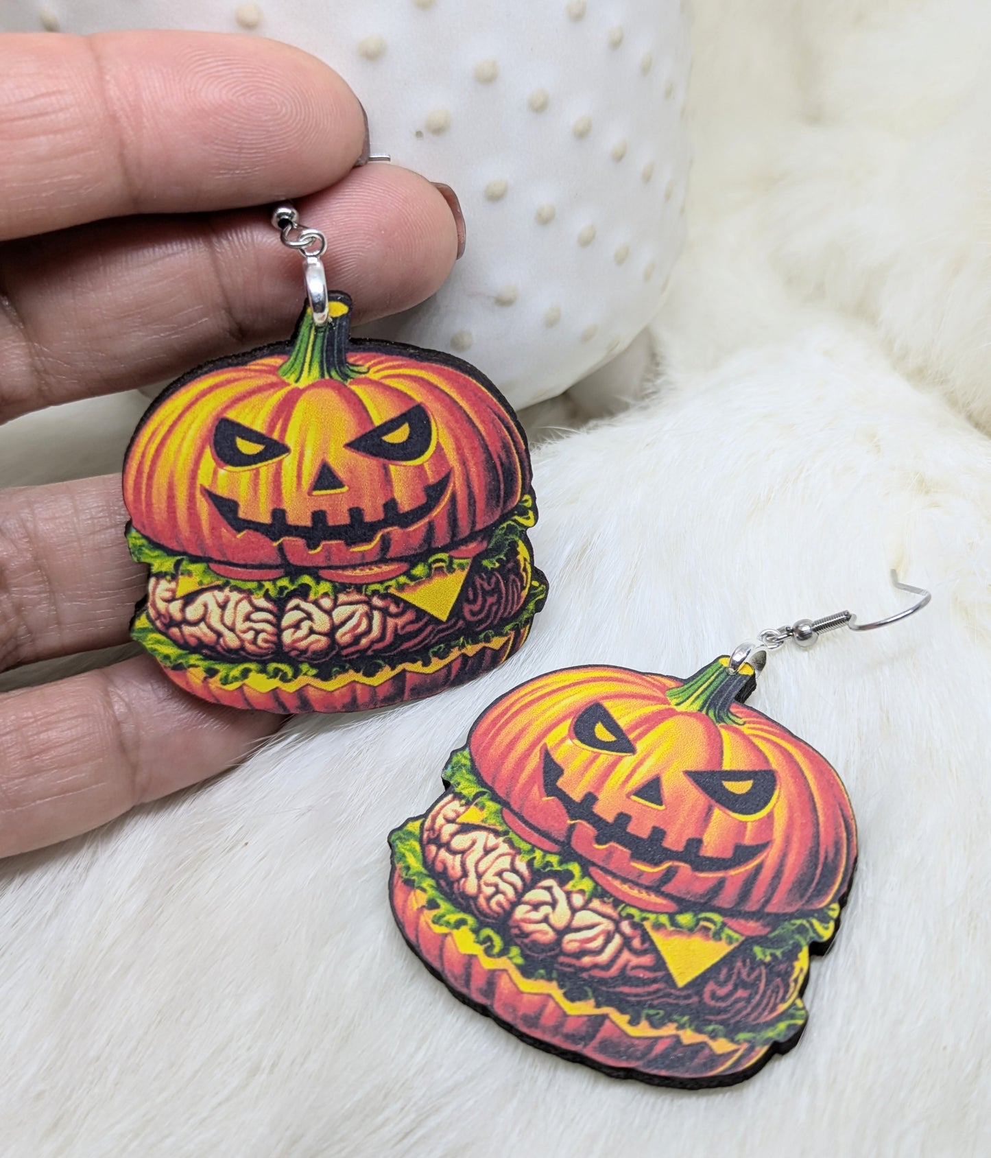 Pumpkin Burger Wood Earrings Single Sided