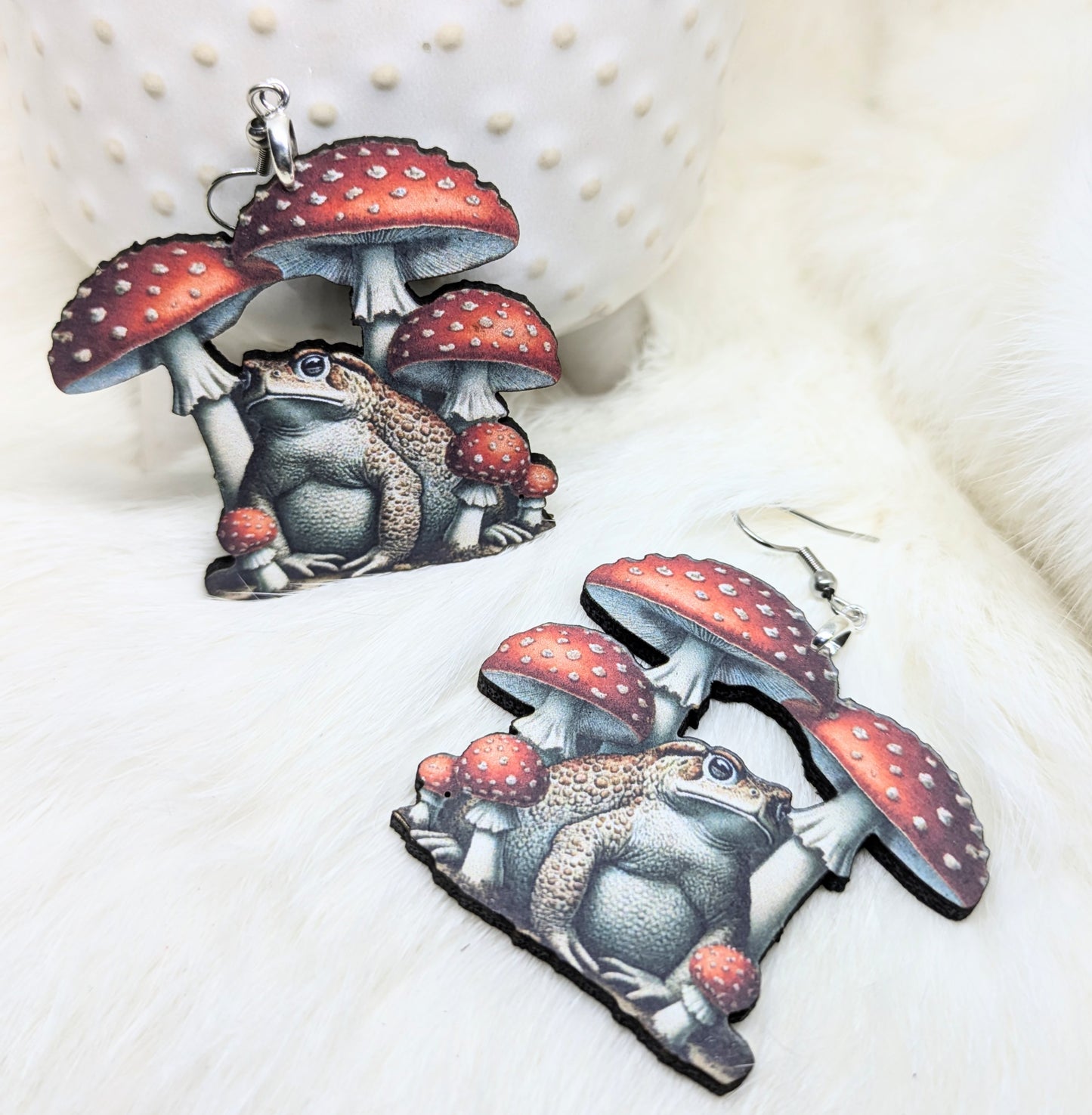 Mushroom Frog Wood Earrings Single Sided
