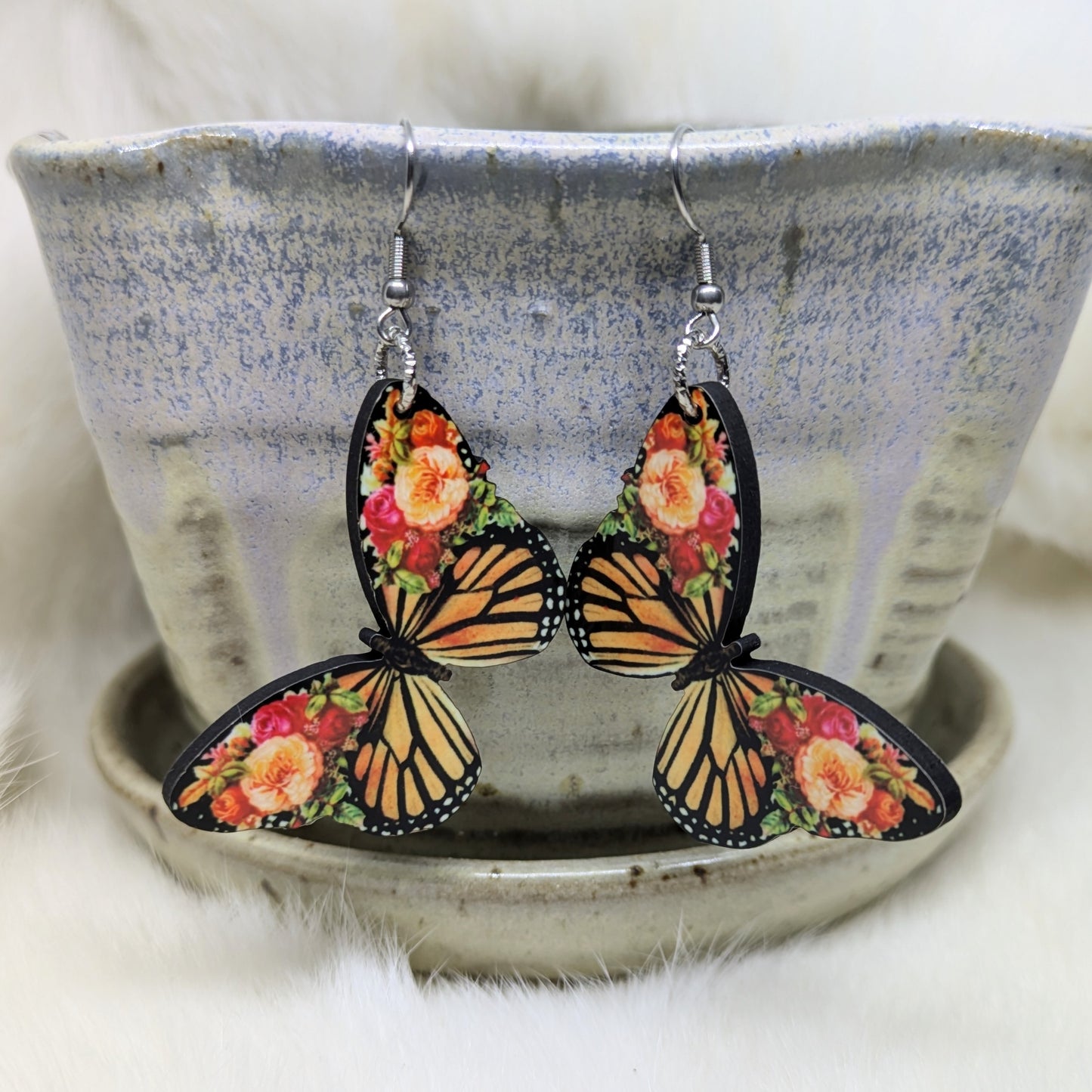 Butterfly Earrings Double Sided Floral Monarch
