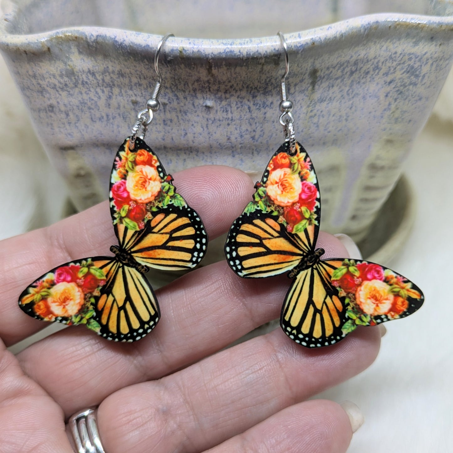 Butterfly Earrings Double Sided Floral Monarch