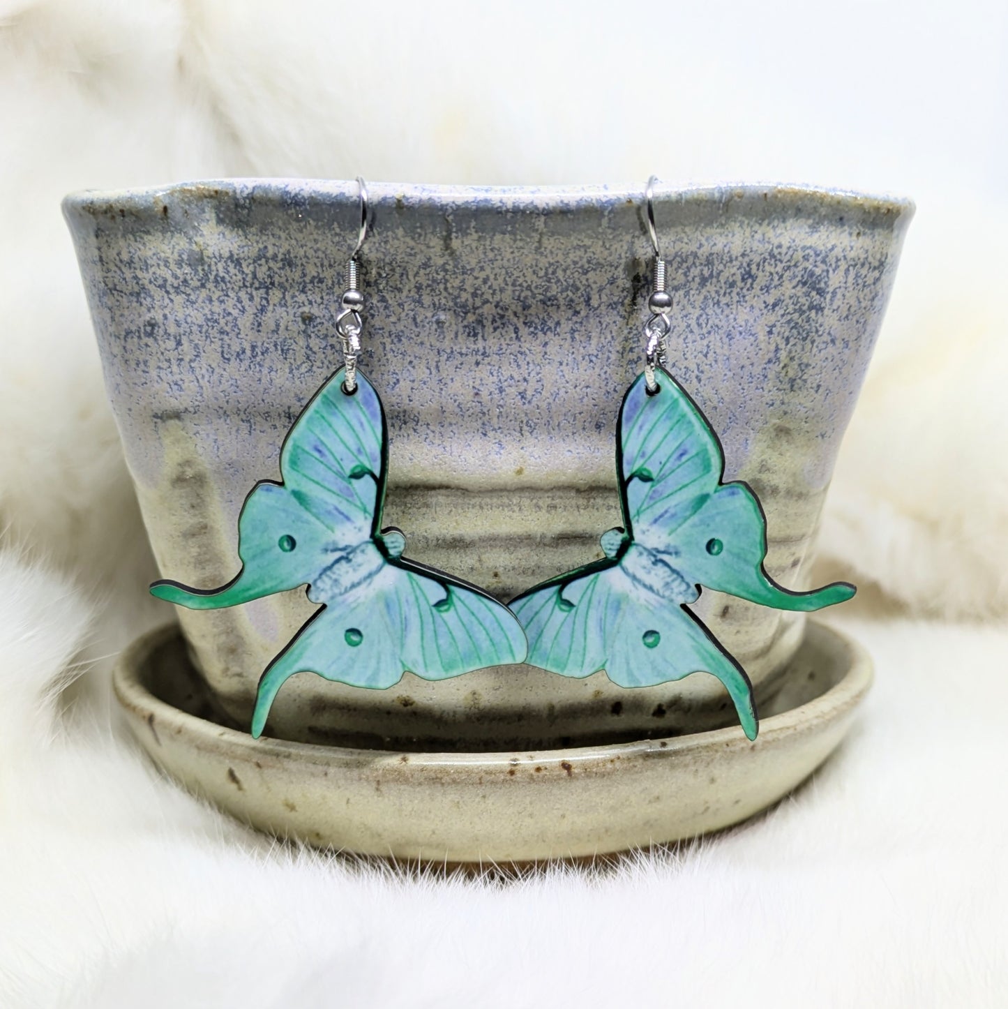 Luna Moth Earrings Double Sided Green