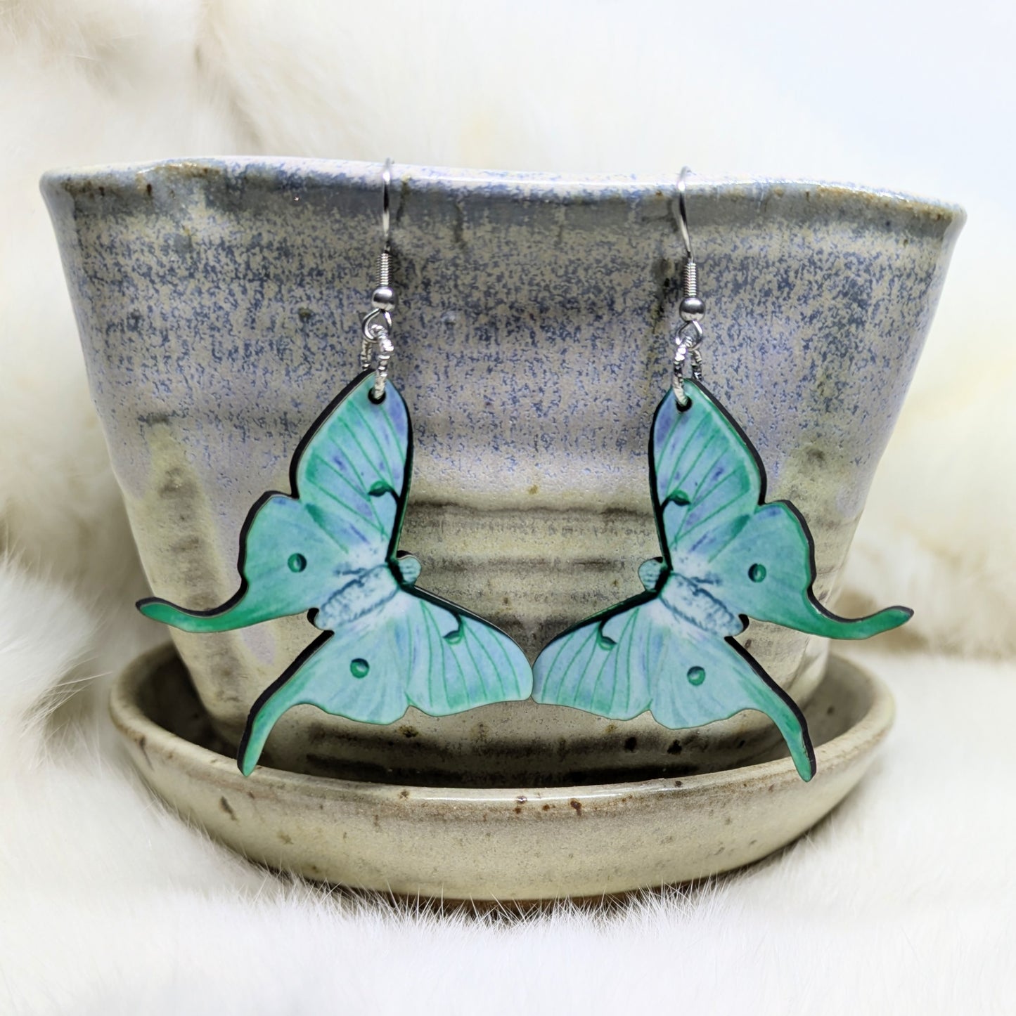 Luna Moth Earrings Double Sided Green
