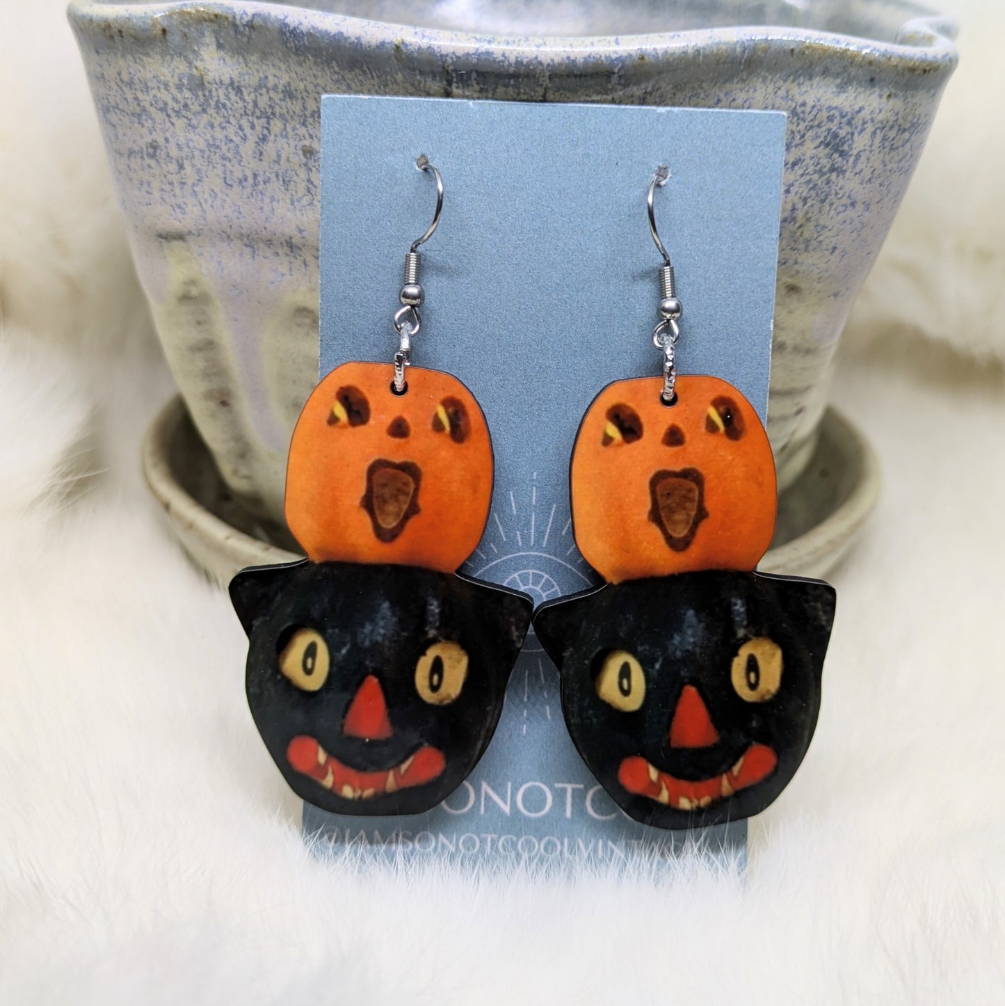 Pumpkin Cat Decor Earrings Double Sided Vintage Halloween Decoration