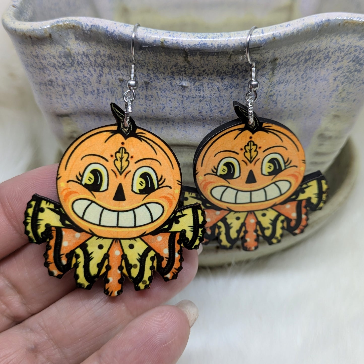 Folk Art Pumpkin Earrings Double Sided Vintage Halloween Decoration