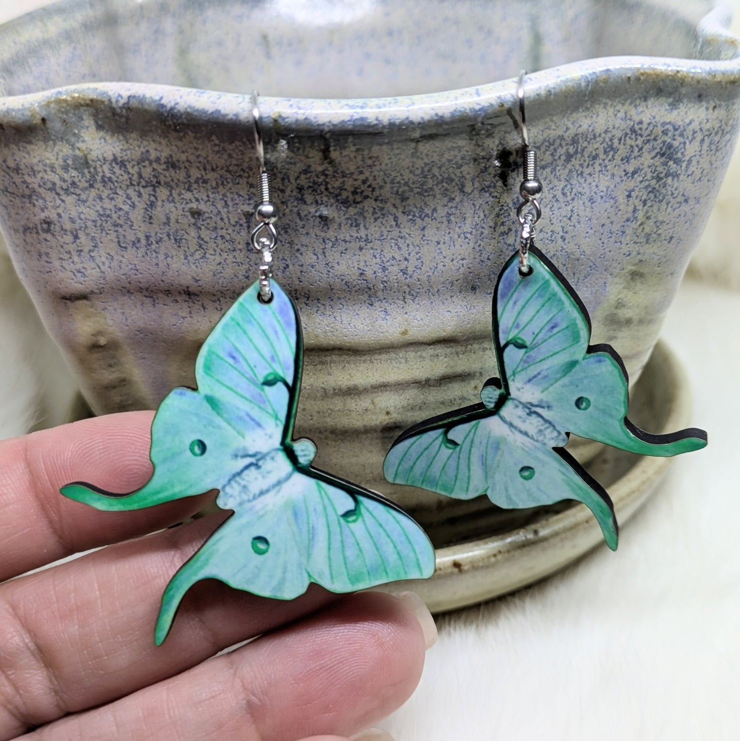 Luna Moth Earrings Double Sided Green