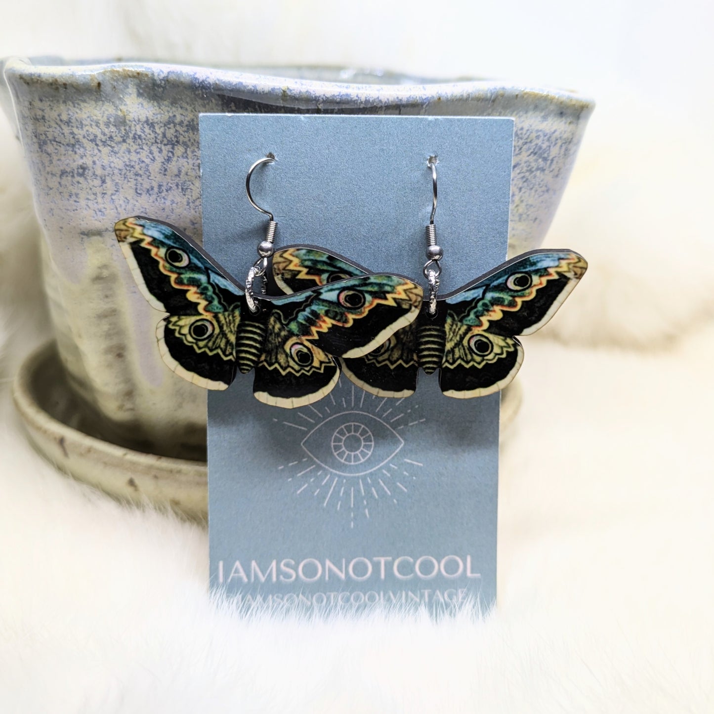 Moth Earrings Double Sided Brown and Green