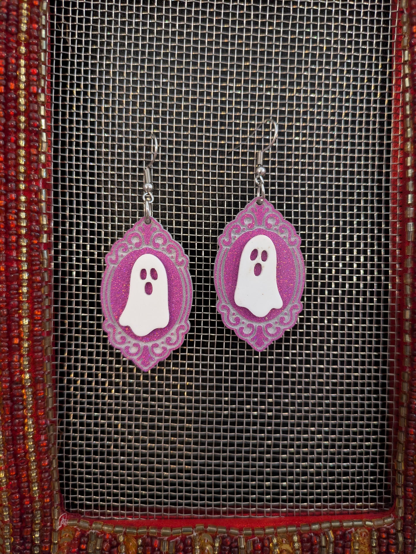 Pink Ghost Frame Halloween Earrings Acrylic Layered
