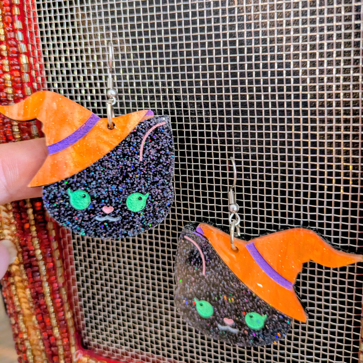Cute Kitty Witch Halloween Earrings Acrylic Layered