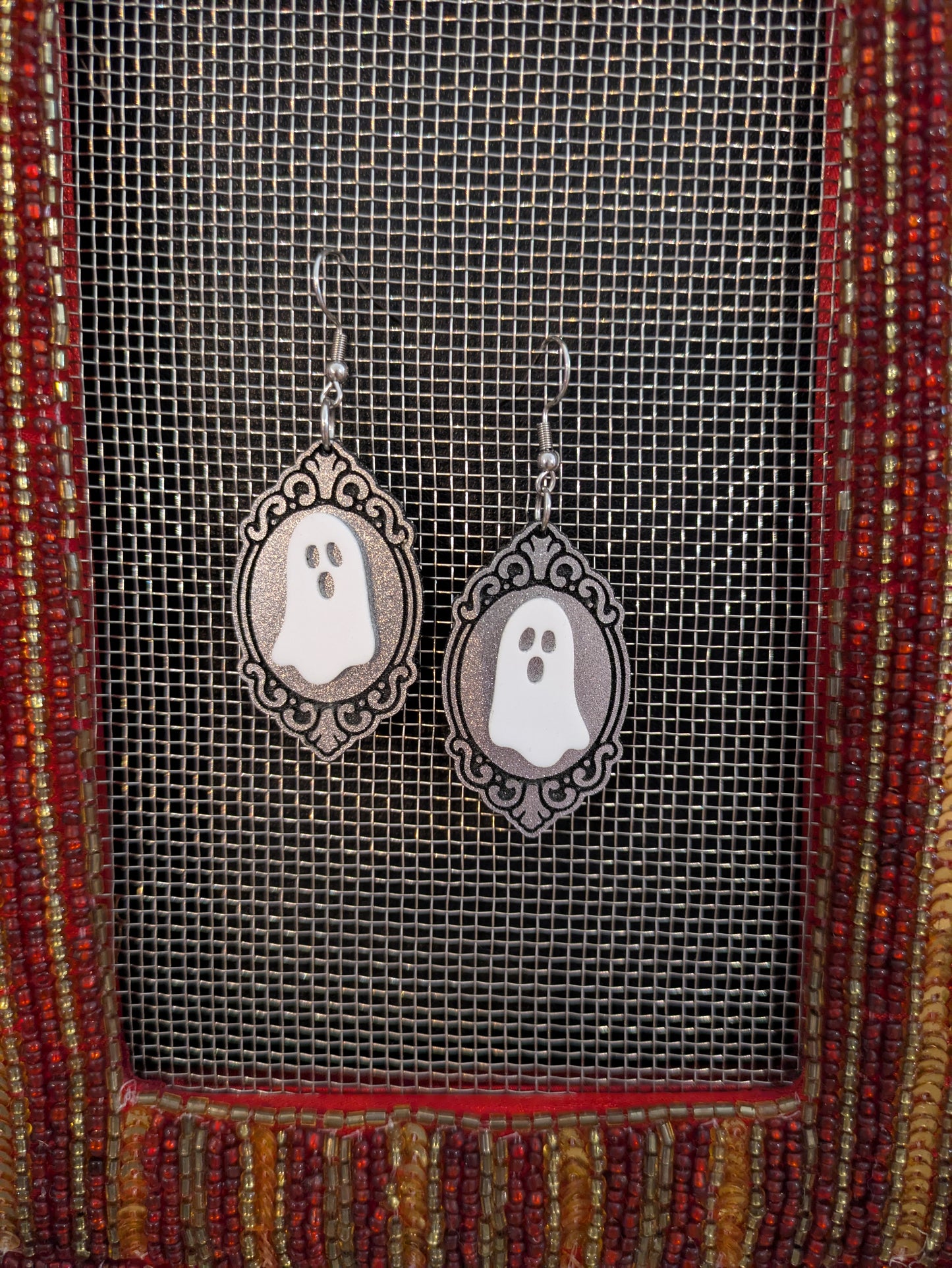 Silver Ghost Frame Halloween Earrings Acrylic Layered