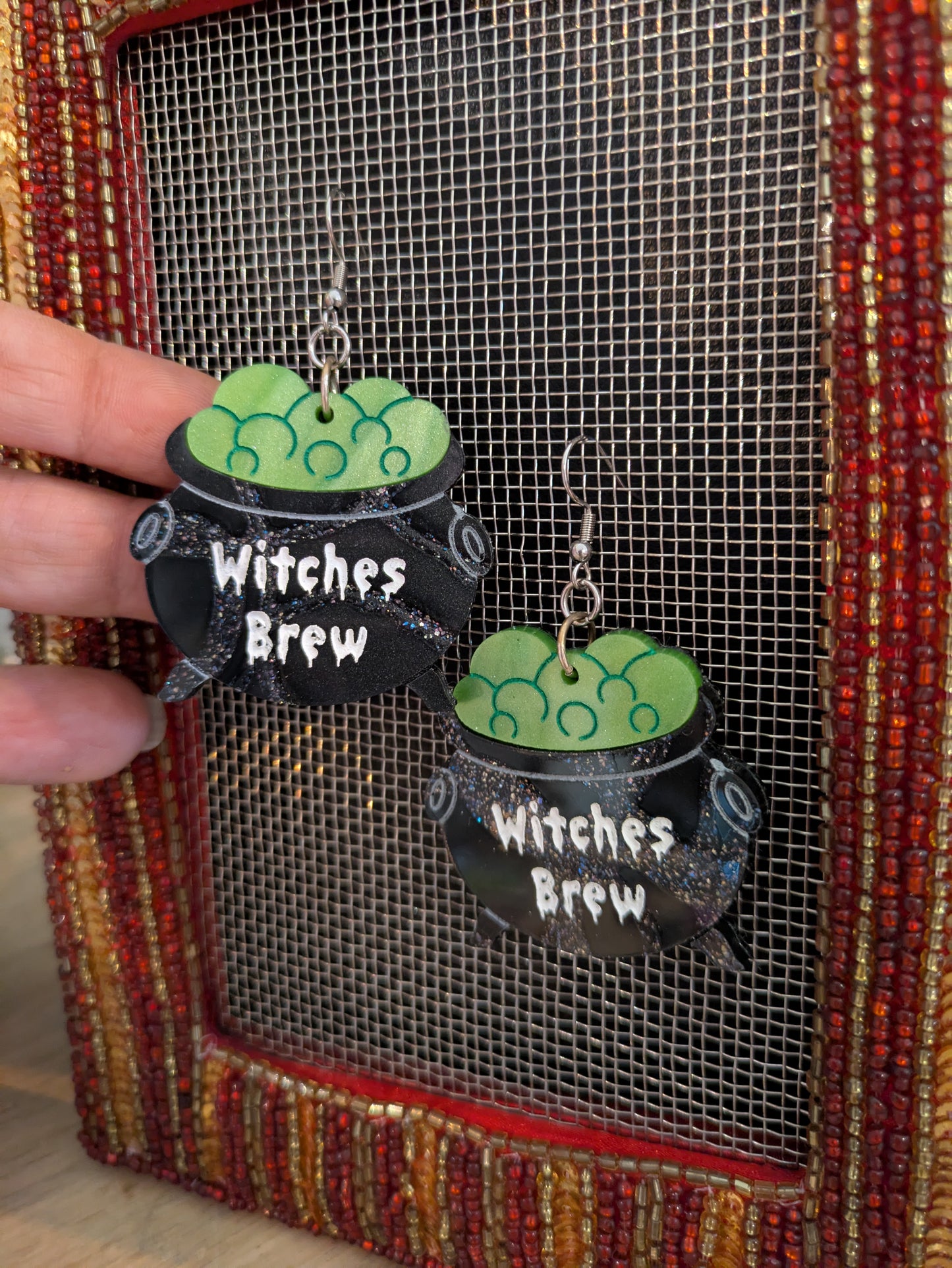 Witches Brew Cauldron Halloween Earrings Acrylic Layered