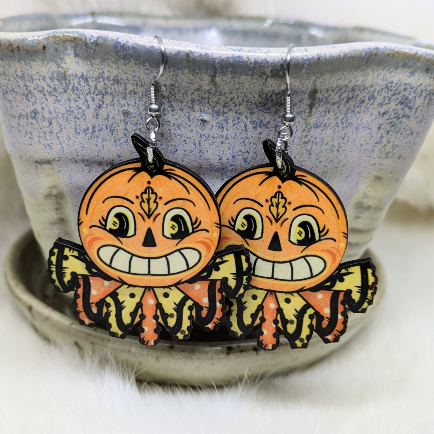 Folk Art Pumpkin Earrings Double Sided Vintage Halloween Decoration