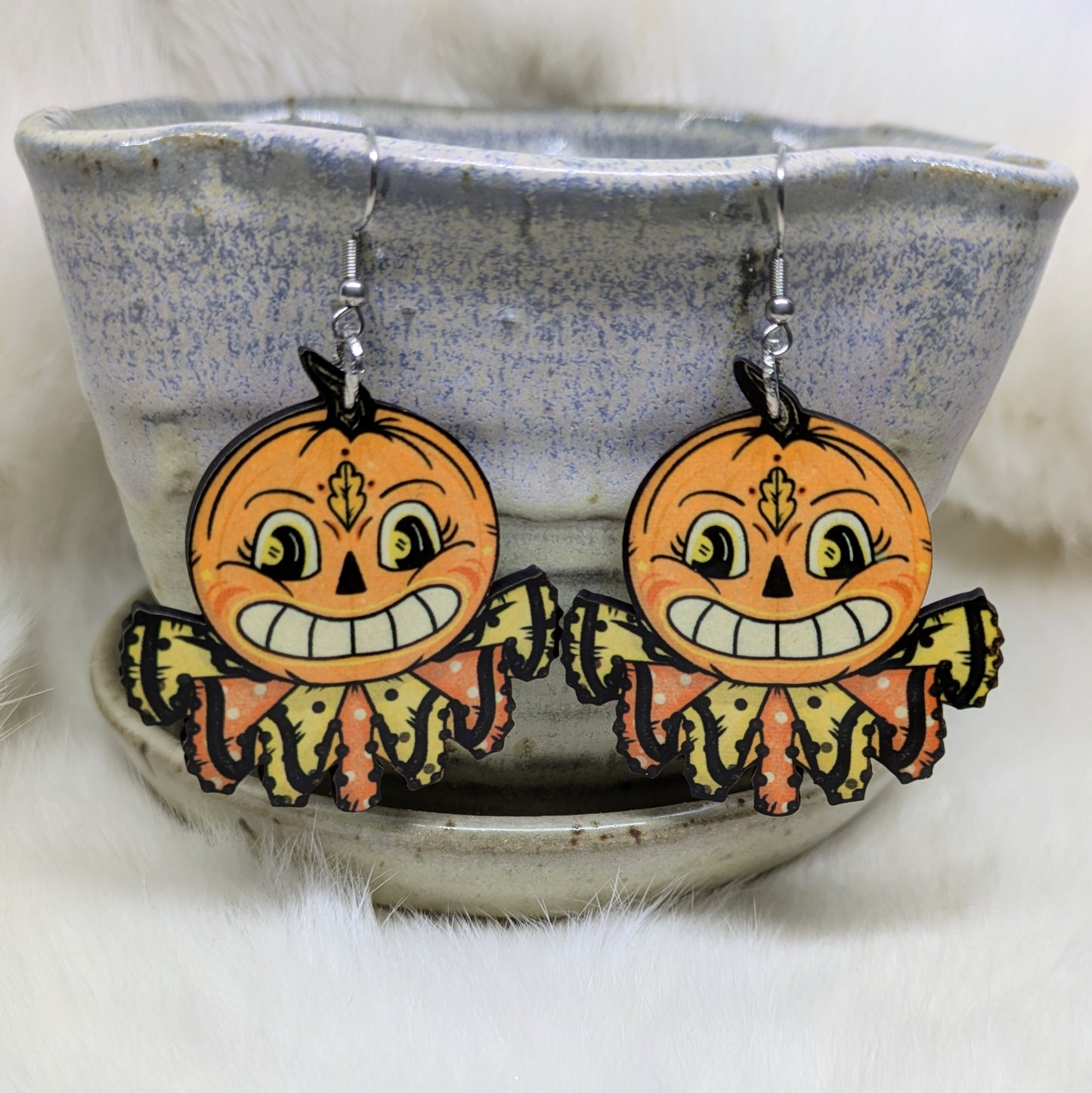 Folk Art Pumpkin Earrings Double Sided Vintage Halloween Decoration