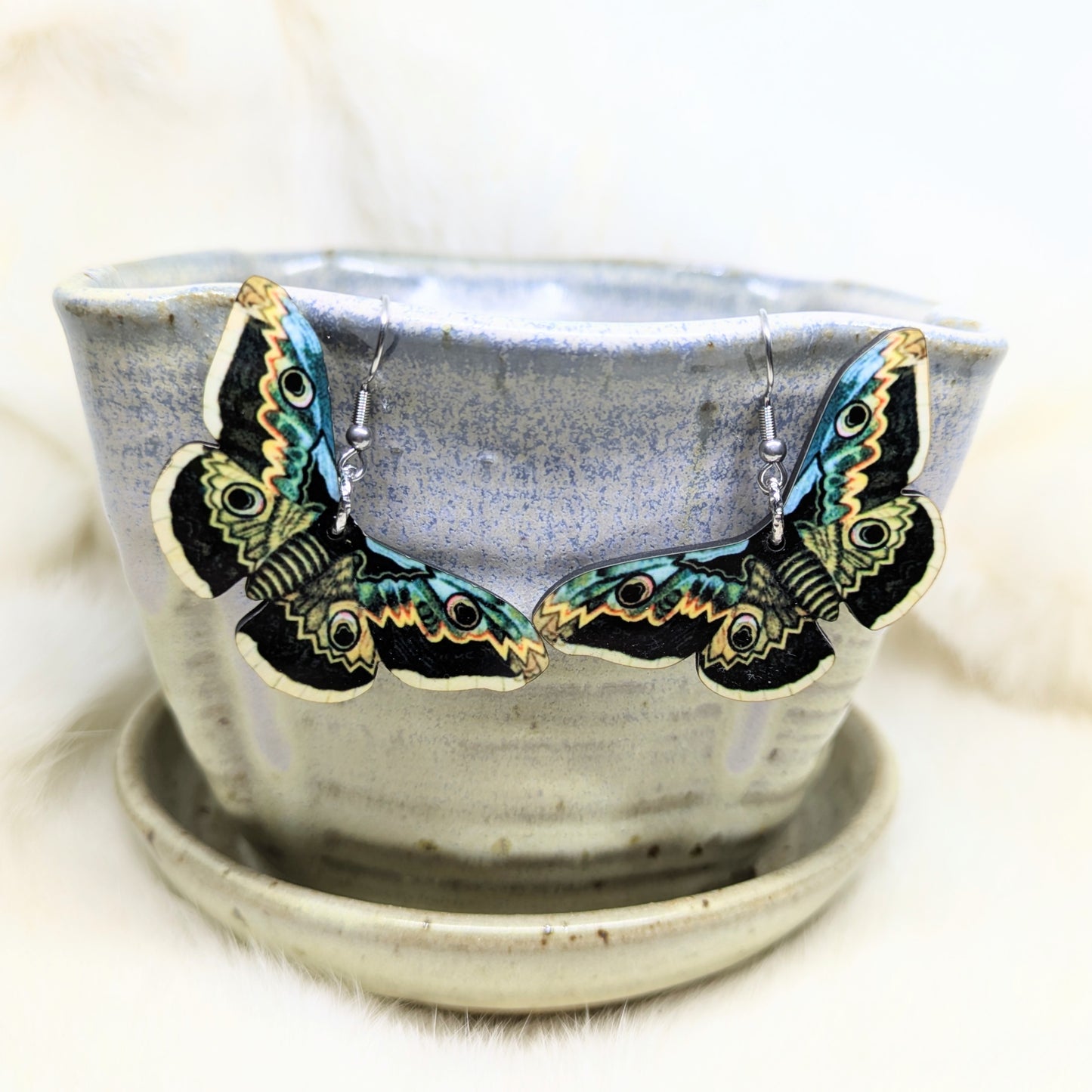 Moth Earrings Double Sided Brown and Green