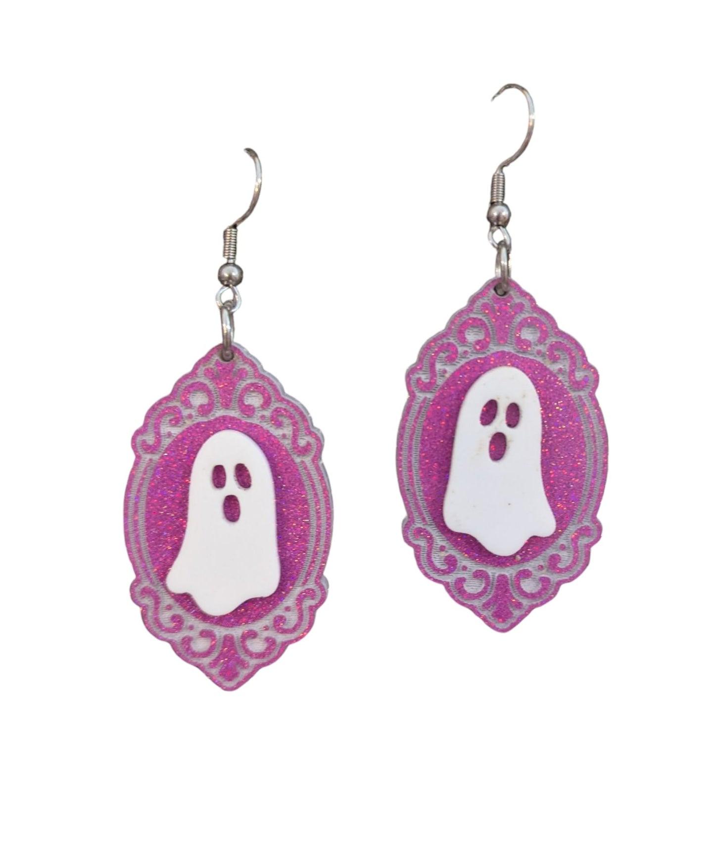 Pink Ghost Frame Halloween Earrings Acrylic Layered