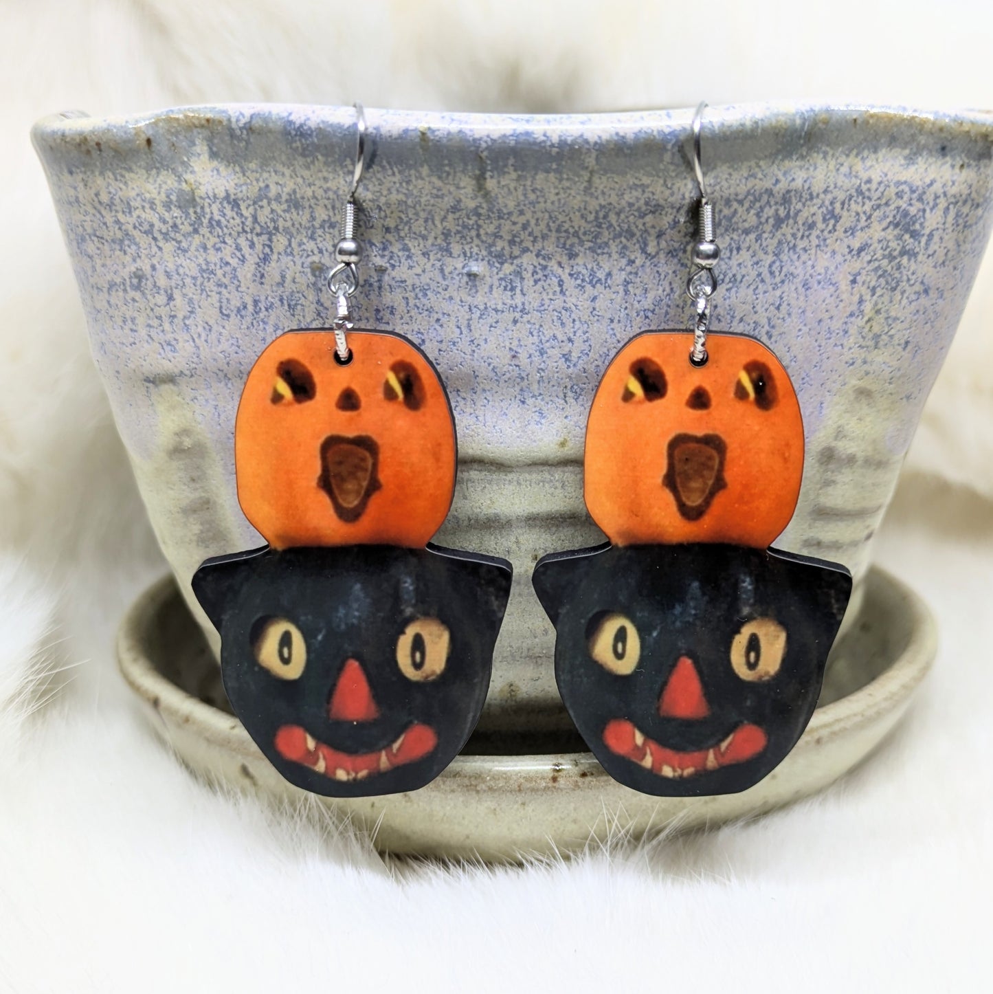 Pumpkin Cat Decor Earrings Double Sided Vintage Halloween Decoration
