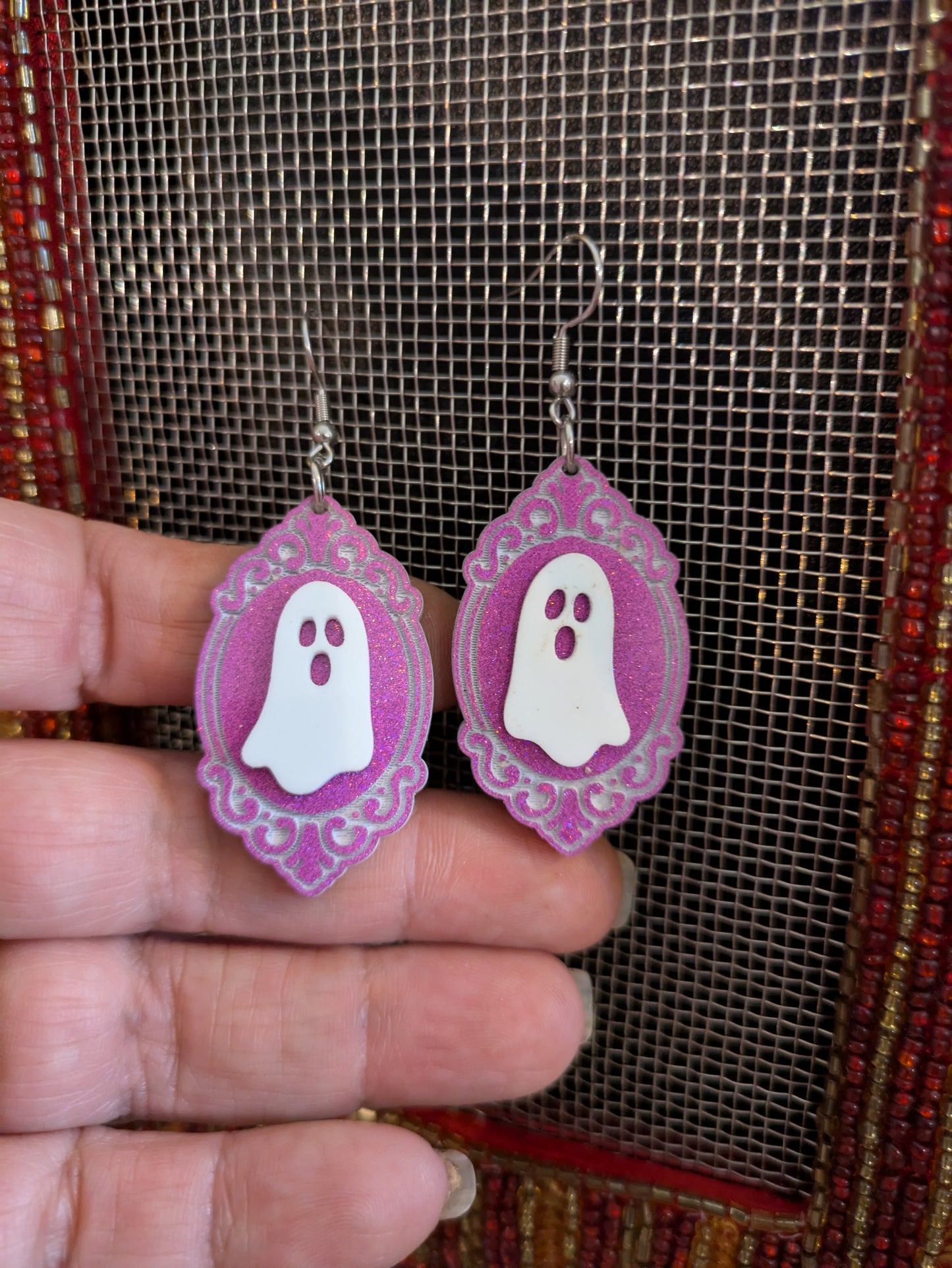 Pink Ghost Frame Halloween Earrings Acrylic Layered