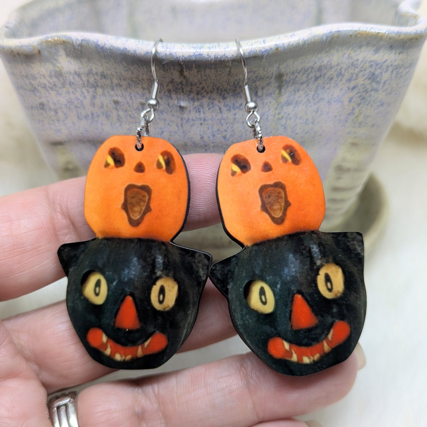 Pumpkin Cat Decor Earrings Double Sided Vintage Halloween Decoration