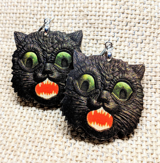Creepy Cat Wood Earrings Single Side