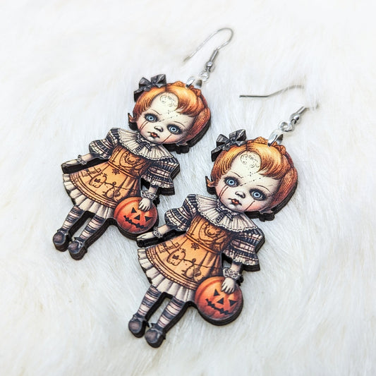 Creepy Chucky Girl Doll Wood Earrings Single Side