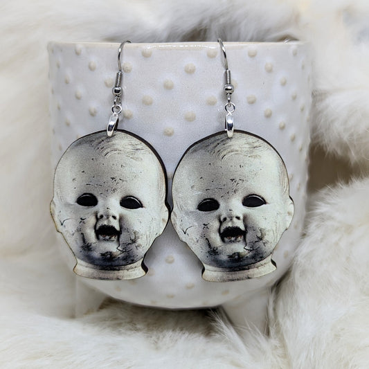 Doll Head Wood Earrings Single Side