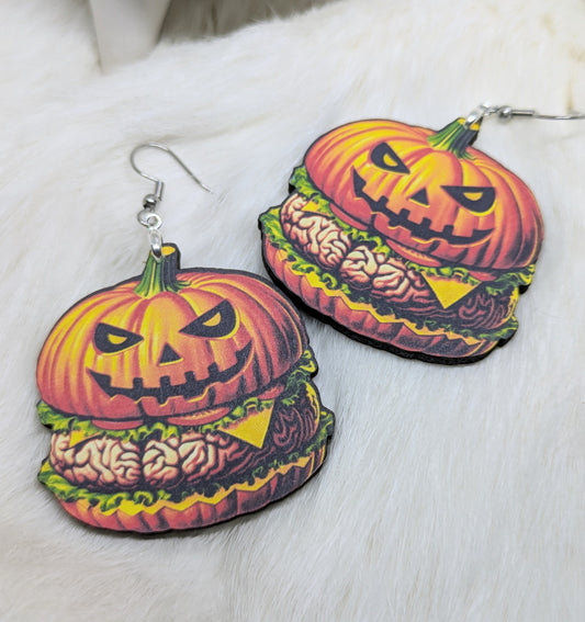 Pumpkin Burger Wood Earrings Single Sided