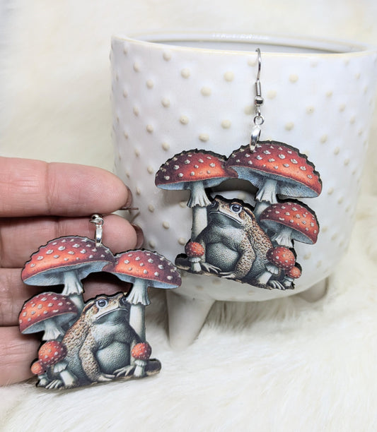 Mushroom Frog Wood Earrings Single Sided