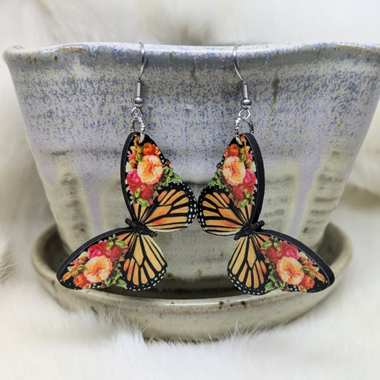 Butterfly Earrings Double Sided Floral Monarch