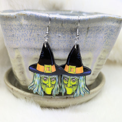 Halloween Green Witch Earrings Double Sided