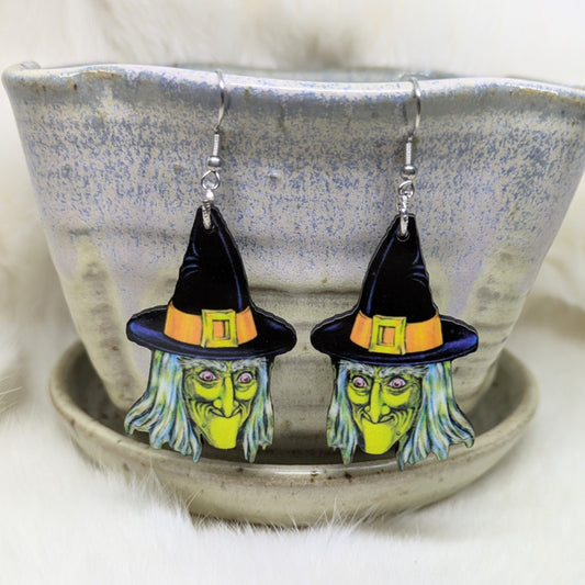 Halloween Green Witch Earrings Double Sided