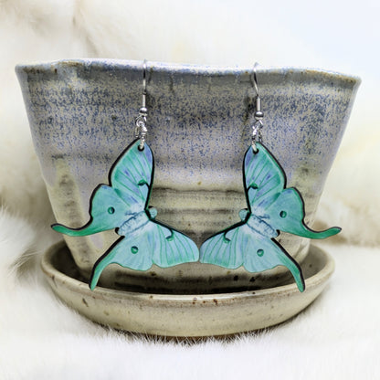 Luna Moth Earrings Double Sided Green