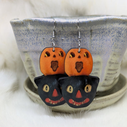 Pumpkin Cat Decor Earrings Double Sided Vintage Halloween Decoration