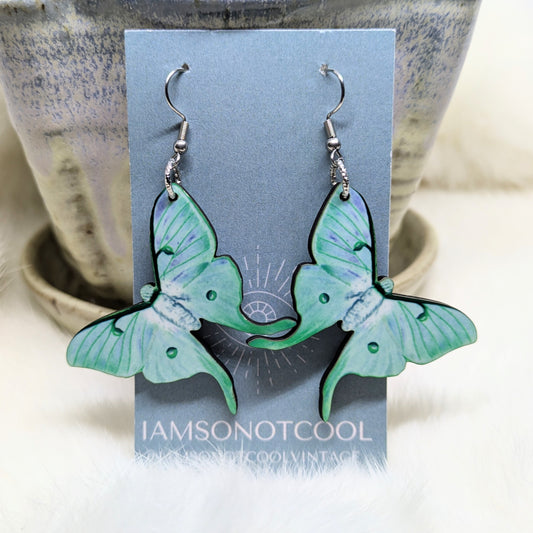 Luna Moth Earrings Double Sided Green