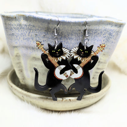 Banjo Cat Earrings Double Sided