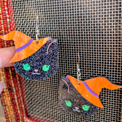 Cute Kitty Witch Halloween Earrings Acrylic Layered