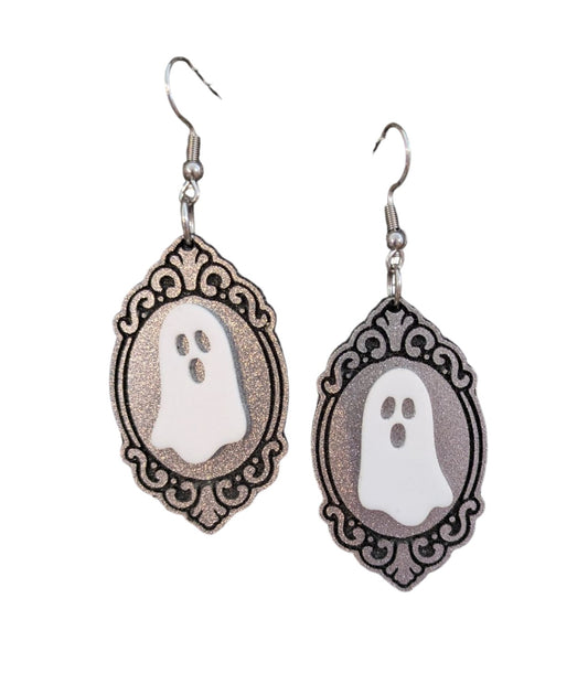 Silver Ghost Frame Halloween Earrings Acrylic Layered