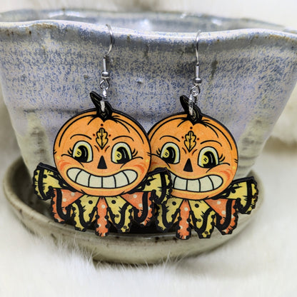 Folk Art Pumpkin Earrings Double Sided Vintage Halloween Decoration