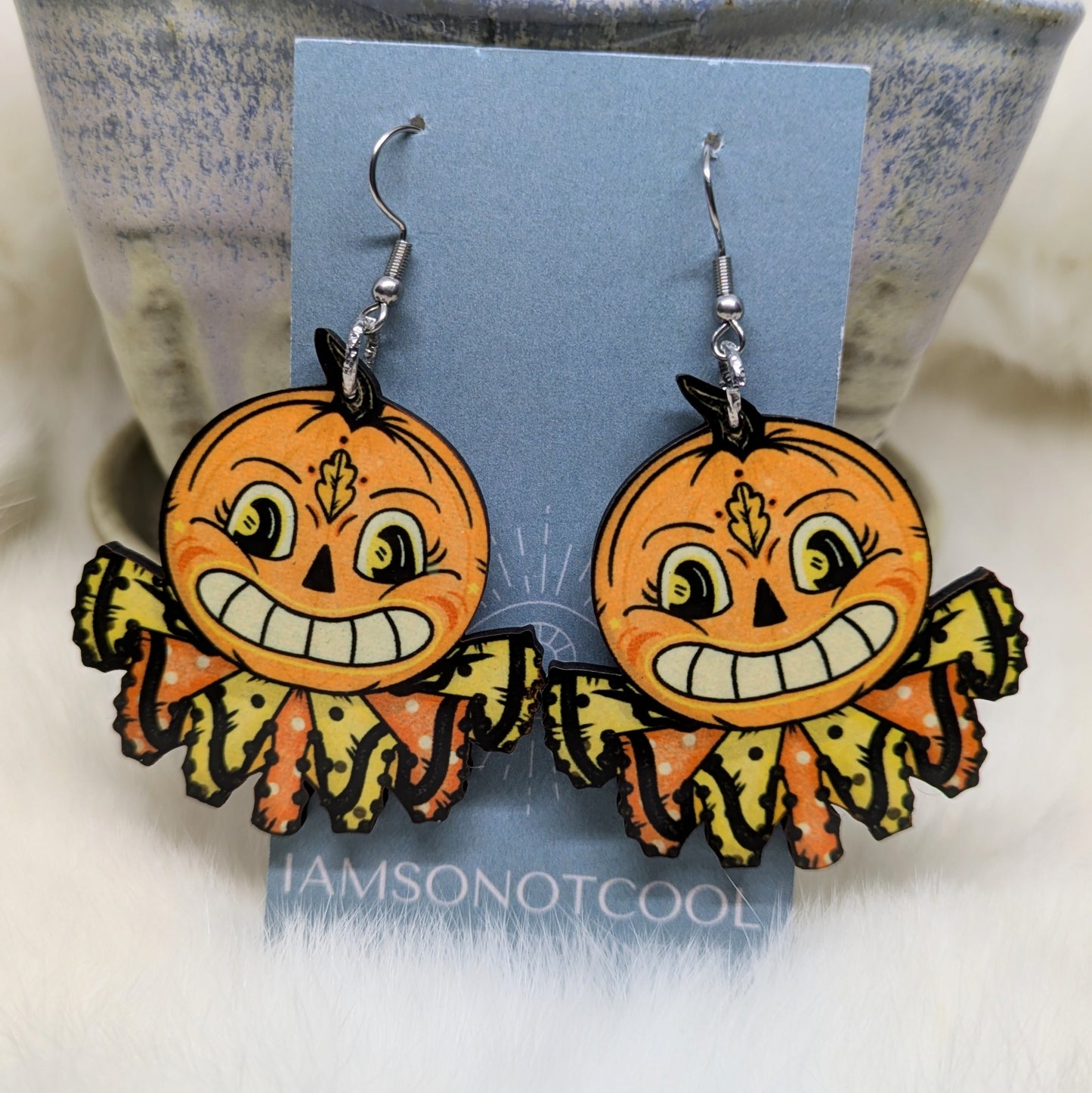 Folk Art Pumpkin Earrings Double Sided Vintage Halloween Decoration
