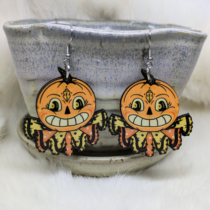 Folk Art Pumpkin Earrings Double Sided Vintage Halloween Decoration