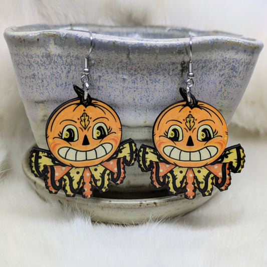 Folk Art Pumpkin Earrings Double Sided Vintage Halloween Decoration