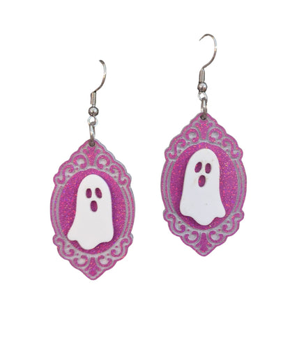 Pink Ghost Frame Halloween Earrings Acrylic Layered