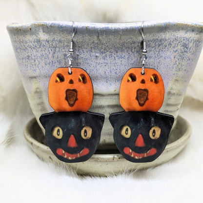 Pumpkin Cat Decor Earrings Double Sided Vintage Halloween Decoration