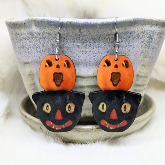 Pumpkin Cat Decor Earrings Double Sided Vintage Halloween Decoration